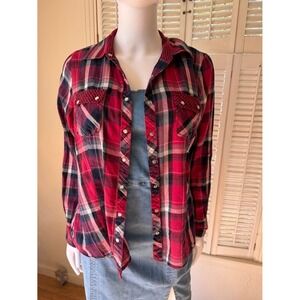 Active Basic Red Plaid Button Up Shirt Long Sleeve Roll Tab S/N 9024 Large
